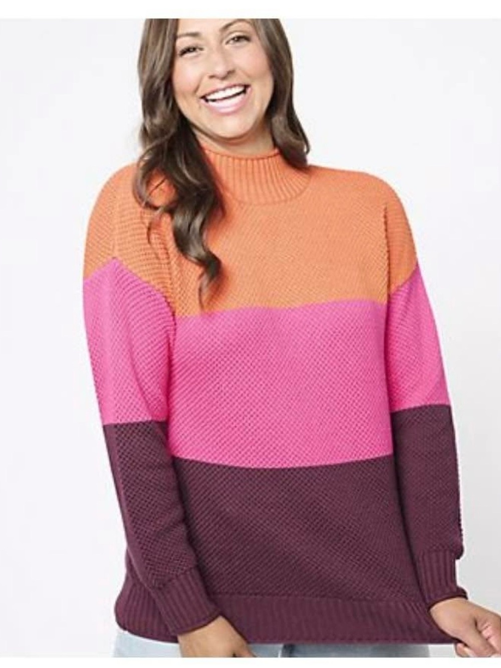 Belle by Kim Gravel Colorblock Mock Neck Sweater in Orange, Pink & Plum